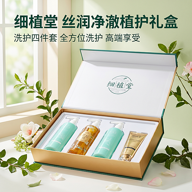 [主图 1] 丝润净澈植护洗护礼盒首图
[氛围风格] 清新舒适治愈风，天然植萃高级护肤礼盒氛围
[画质] 商业摄影质感，光线柔和通透，产品清晰真实，画面干净高级，超高清
[元素] 细植堂丝润净澈植护礼盒打开摆放居中，展示内部四件洗护产品，礼盒周围点缀新鲜绿植绿叶和柔和花瓣，营造天然植萃氛围。保持产品外观（物理结构、材质质感、颜色）与输入产品图绝对一致，杜绝任何变形和色差，精细化处理。商品主体占比严格控制在60%-80%之间，画面满屏无边框。
[光影] 柔和自然侧窗光，整体明亮通透，瓶身呈现自然透光感，绿植带有柔和轮廓光，背景纯净清新，光比舒适自然，高光不溢出，暗部有层次
[配色] 主色调为清新薄荷绿搭配浅米白，辅助色为原木金和自然绿色，整体干净清新治愈
[视角构图] 平视视角，景深适中，产品礼盒为视觉中心，前景绿植虚化突出主体，轮廓完整不裁切
[文字版式] 左上负空间左对齐留安全边距，主副标题两行不遮挡产品轮廓。主标题 "细植堂 丝润净澈植护礼盒" 深绿色最大号粗体高级无衬线字体；副标题 "洗护四件套 全方位洗护 高端享受" 约半高，同色系浅深，文字清晰易读，与背景形成舒适对比。
[比例分辨率] 1:1 比例，2k分辨率，文字清晰可辨，超高清
[负向提示词] 变形，水印，文字错乱，产品模糊，背景杂乱，牛皮癣，配色刺眼，遮挡主体，绝对化违禁词，模糊噪点，曝光过度