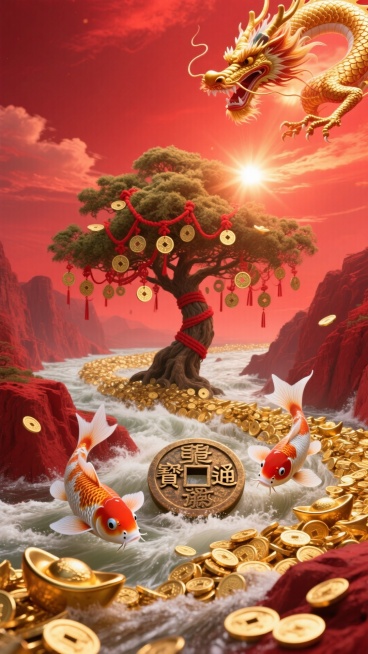 两条锦鲤围着铜钱，红色背景，梦幻氛围，简单干净，低饱和度史诗般的场景，一条由无数金币和金元宝汇成的巨大河流，在红色的峡谷中奔腾流淌。天空中，祥龙的身影在红色的霞光中若隐若现，龙鳞反射出金光。一棵挂满红预览效果