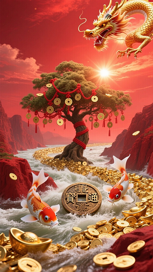 两条锦鲤围着铜钱，红色背景，梦幻氛围，简单干净，低饱和度史诗般的场景，一条由无数金币和金元宝汇成的巨大河流，在红色的峡谷中奔腾流淌。天空中，祥龙的身影在红色的霞光中若隐若现，龙鳞反射出金光。一棵挂满红绳和铜钱的巨大发财树生长在河中央，光芒四射。画面壮观，充满神话色彩。
