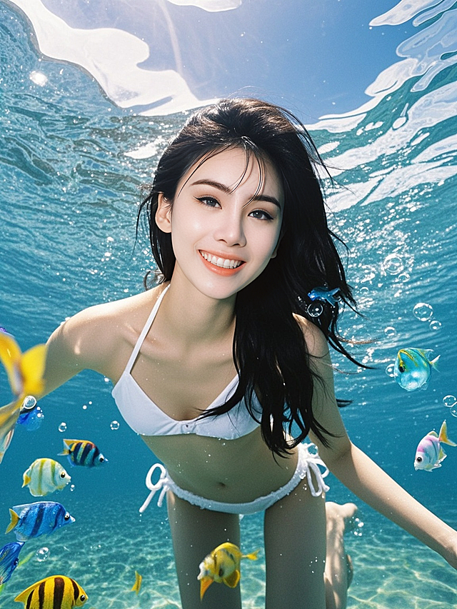 写实摄影，大片，水下拍摄，一个女生直视镜头，皮肤瓷白，飘逸长发，白色比基尼，环境为清澈的海水，五彩斑斓的小鱼和泡泡，艺术感