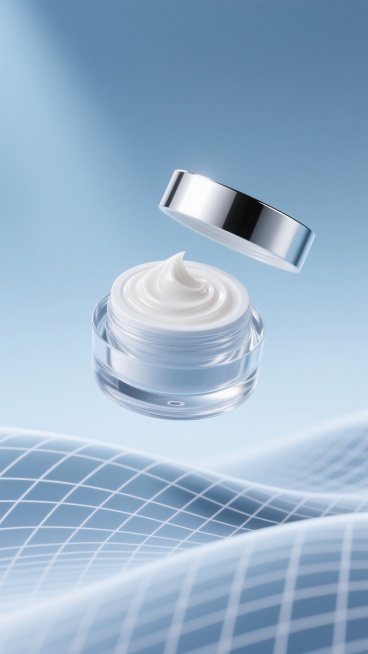 超写实3D渲染的面霜广告，主体为一个透明玻璃材质的面霜罐，罐身带有银色金属质感的瓶盖，瓶盖正微微悬浮打开，露出罐内细腻柔滑、呈现自然奶油光泽的白色膏体，膏体表面有精致的螺旋状纹理。背景采用渐变的淡蓝色调，底部有柔和的波浪形曲面，上面覆盖着细密的白色网格线条纹理，营造出科技感与纯净感并存的氛围。整体光影柔和，光源来自左上方，在罐身和瓶盖上形成清晰的高光和细腻的阴影过渡，突出产品的高端质感和水润特……预览效果