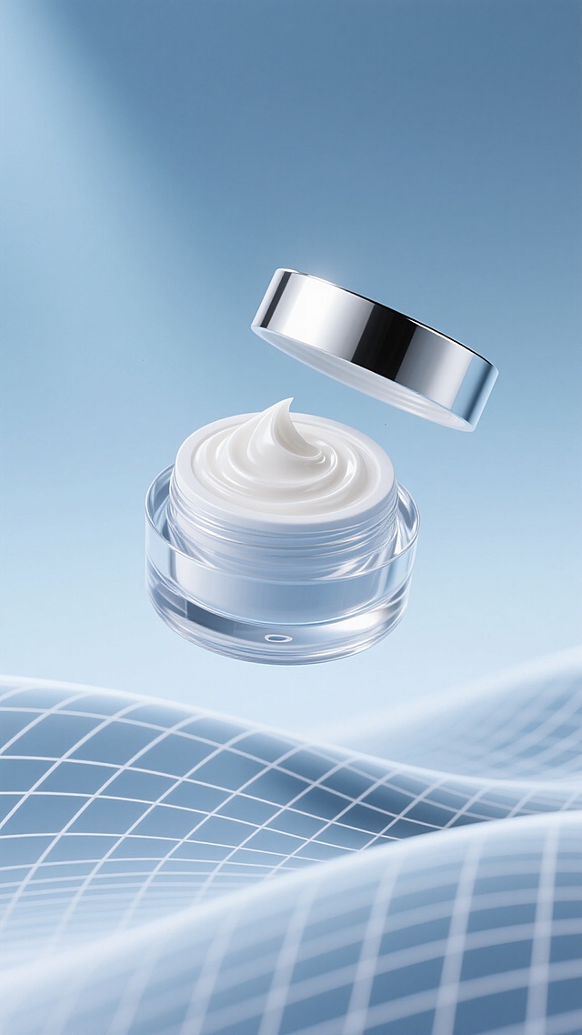 超写实3D渲染的面霜广告，主体为一个透明玻璃材质的面霜罐，罐身带有银色金属质感的瓶盖，瓶盖正微微悬浮打开，露出罐内细腻柔滑、呈现自然奶油光泽的白色膏体，膏体表面有精致的螺旋状纹理。背景采用渐变的淡蓝色调，底部有柔和的波浪形曲面，上面覆盖着细密的白色网格线条纹理，营造出科技感与纯净感并存的氛围。整体光影柔和，光源来自左上方，在罐身和瓶盖上形成清晰的高光和细腻的阴影过渡，突出产品的高端质感和水润特性，画面简洁大气，视觉焦点集中在面霜产品本身。