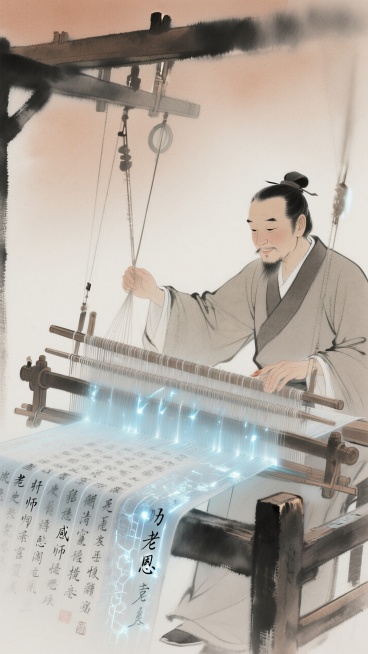 教师操控传统织机，经纬线由史记文字与光纤交织成时光锦缎，织出古今文明对话图案。赭石色与数字蓝。标题：师恩难忘，副标题：以岁月编织知识的锦缎。预览效果