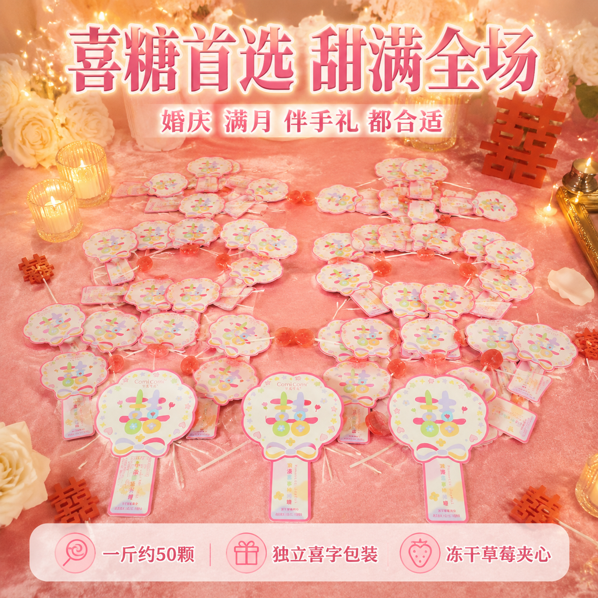 抖音电商食品主图，婚庆喜糖场景与规格展示。温馨喜庆的婚礼甜品台… - 图片创意预览