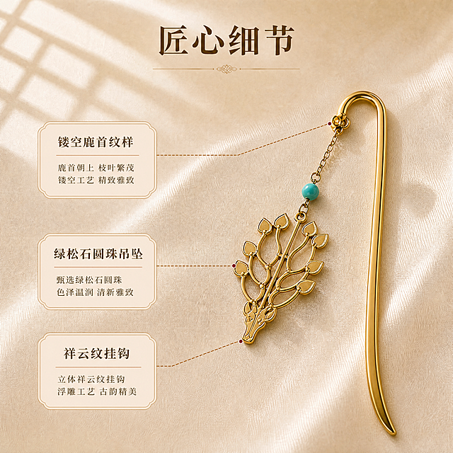 将左图中的金色书签替换为右图中更有质感的金属书签，原模原样替换，不改变书签的细节形状、颜色、结构、方向（弯钩在上、鹿头吊饰在下）。背景、文字、字体、排版、分格、窗格光影、缎面质感、引线标注全部保留不变，只替换书签主体。替换后的书签自然融入原背景光影，金属光泽与缎面背景光影匹配，接触阴影自然。