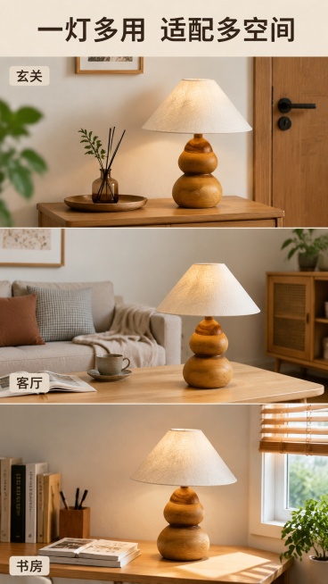 [第6屏] 多场景展示，呈现实木葫芦台灯适配不同家居空间效果。本屏使用【图1】作为商品主体，分三格展示不同场景。
[氛围/风格] 清新自然多场景拼图风格，真实感强，展示百搭属性
[元素布局] 页面分为预览效果