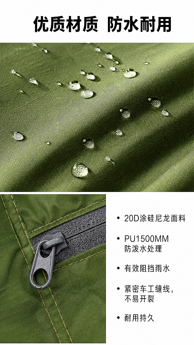 [第7屏] 材质工艺解析，展示防水防泼溅材质工艺细节，使用图5细节图参考。
[氛围/风格] 微距特写展示，专业质感，清晰突出材质特性，商业产品摄影质感。
[元素布局] 页面顶部放主标题，上半部分放20D涂硅尼龙面料微距特写，展示布料纹理和防水涂层，下半部分左侧放大拉链和缝线细节，右侧放文字说明，整体左右分栏平衡。保持绿色面料颜色和拉链结构与原图一致。
[光影质感] 侧光打亮布料纹理，清晰呈现编织纹理和防水涂层质感，阴影柔和，细节清晰。
[配色色系] 全局底色：#FFFFFF（纯白）；产品绿色面料和灰色拉链保持原图色系，文字深黑色，清晰对比。
[视角构图] 上下结构，上半部分面料全景特写，下半部分局部细节+文字说明，信息层级清晰，符合手机阅读。
[文字版式] 顶部主标题「优质材质 防水耐用」黑色加粗居中。下半部分右侧文字说明：「20D涂硅尼龙面料，PU1500MM防泼水处理，有效阻挡雨水，紧密车工缝线，不易开裂耐用持久」分点左对齐，字号适中清晰可读。
[比例分辨率] 9:16竖版比例，1080*1920分辨率，4K超清，文字清晰可辨。
[负向提示词] 材质纹理模糊，结构错误，颜色偏差，文字错乱，水印，背景杂乱，极限用词。