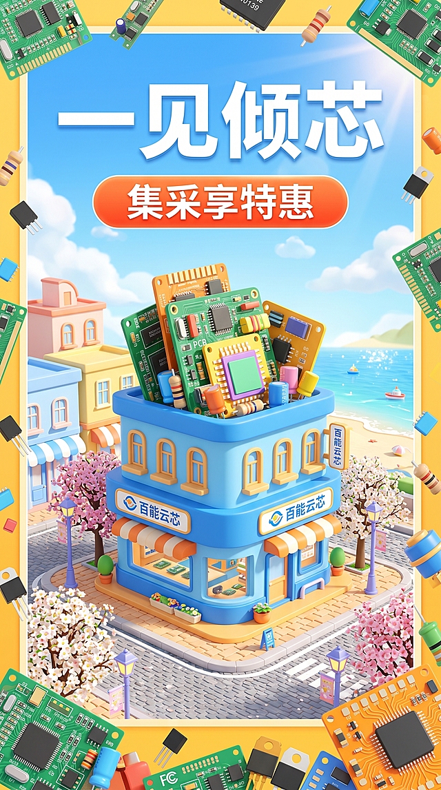 竖版16:9电商促销海报，百能云芯品牌官方宣传物料，3D卡通治愈风格，C4D Blender OC渲染质感，Q版可爱风 主体为百能云芯品牌蓝色双层街角春日pcb店，建筑造型圆润可爱治愈，屋顶堆叠巨型pcb板材以及芯片和元器件。背景为明亮的卡通春日海滨街景，澄澈蓝天，马卡龙色卡通建筑，阳光明媚，充满春日鲜活氛围。顶部：大字号白色加粗中文标题"一见倾芯"，下方橙红渐变圆角矩形栏，白色文字"集采享特惠"。建筑周围：蓝、橙、白等明亮配色，造型圆润可爱。画面周围：满屏春日pcb板材以及芯片和元器件，营造热闹治愈的春日购物氛围。高饱和明亮暖色调，主色明黄、天蓝、橙、白，色彩明快活泼，清新鲜活，吸睛度拉满。明亮春日日光打光，软阴影，通透温暖，细节丰富，8K超高清，卡通渲染质感，版式对称平衡，信息层级分明，文字清晰可辨，无乱码无变形，无冗余元素。