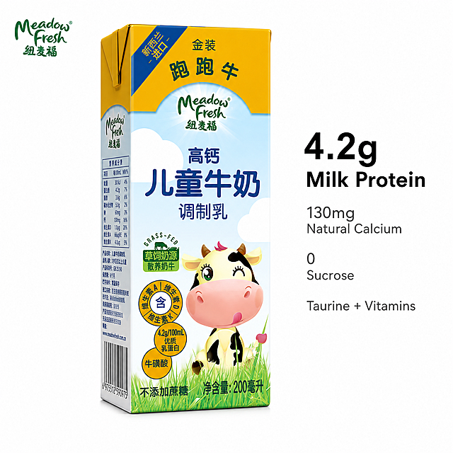 [主图-1] 纽麦福跑跑牛儿童高钙牛奶产品首图，适配亚马逊风格。
[氛围风格] 专业、干净、合规，符合欧美市场审美。
[画质] 商业摄影质感，产品清晰真实，画面干净高级。
[元素] 纽麦福跑跑牛儿童牛奶包装居中展示，保持产品外观（物理结构、材质质感、颜色）与输入产品图绝对一致，杜绝任何变形和色差，精细化处理。纯白色背景，商品主体占画面85%以上，画面满屏无边框。左上角保留产品原品牌Logo "Meadow Fresh 纽麦福"，字形、配色、比例完全一致，不遮挡主体。
[光影] 均匀柔和的商业影棚布光，主光正面打亮产品，辅光弱化阴影，轮廓清晰通透，材质表现真实自然。
[配色] 纯白背景，保留产品原有蓝黄绿橙配色，视觉干净清爽。
[视角构图] 平视45°斜角拍摄，主体完整居中，景深较浅突出产品本身。
[文字版式] 除产品自身文字外，额外添加卖点标注在右侧负空间，文案："4.2g Milk Protein 130mg Natural Calcium 0 Sucrose Taurine + Vitamins"，所有文字均为英文，无中文字符。文字左对齐，大标题加粗黑色，卖点小字灰色，清晰不遮挡产品主体。
[比例分辨率] 1:1 比例，2048px×2048px，文字清晰可辨，超高清。
[负向提示词] 变形，水印，文字错乱，产品模糊，背景杂乱，营销信息，多余Logo，装饰边框，人体部位