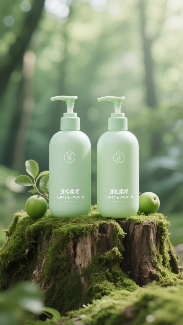 洗发水海报，两瓶淡绿色带按压泵的洗发水瓶身并排放置在覆盖着鲜绿苔藓的粗糙树桩上，瓶身有简约白色文字“蓬松柔顺 FLUFFY & SMOOTH”和圆形标志，旁边点缀着两个青绿色果实，背景是柔和虚化的绿色自然森林，整体呈现清新自然的写实风格，光线明亮柔和从上方洒下形成轻微高光，阴影细腻自然，色调以绿色为主营造宁静舒适的氛围，视觉焦点突出产品，构图平衡，具有自然有机的质感和简洁的设计感。预览效果