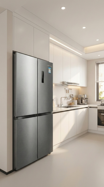 保持产品形态细节特征，添加现代厨房全景，机身与橱柜整齐摆放，机身不嵌入墙壁预览效果