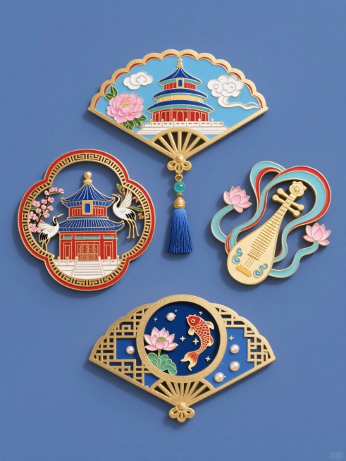 中国传统珐琅彩工艺风格的系列冰箱贴设计，采用纯色背景，保持原图的蓝红金主色调与细腻的金属描金边框，每个冰箱贴均具有立体浮雕质感和精致的镂空花纹。四个冰箱贴造型分别为：1. 天坛祈年殿配以祥云和粉色牡丹，底部缀有蓝色流苏吊坠；2. 故宫角楼搭配仙鹤与梅花，边缘饰以回纹图案；3. 苏州园林月洞门结合荷花与鲤鱼，点缀珍珠般的繁星；4. 敦煌飞天反弹琵琶造型，环绕飘带与莲花纹样，每个冰箱贴均保持相同的……预览效果