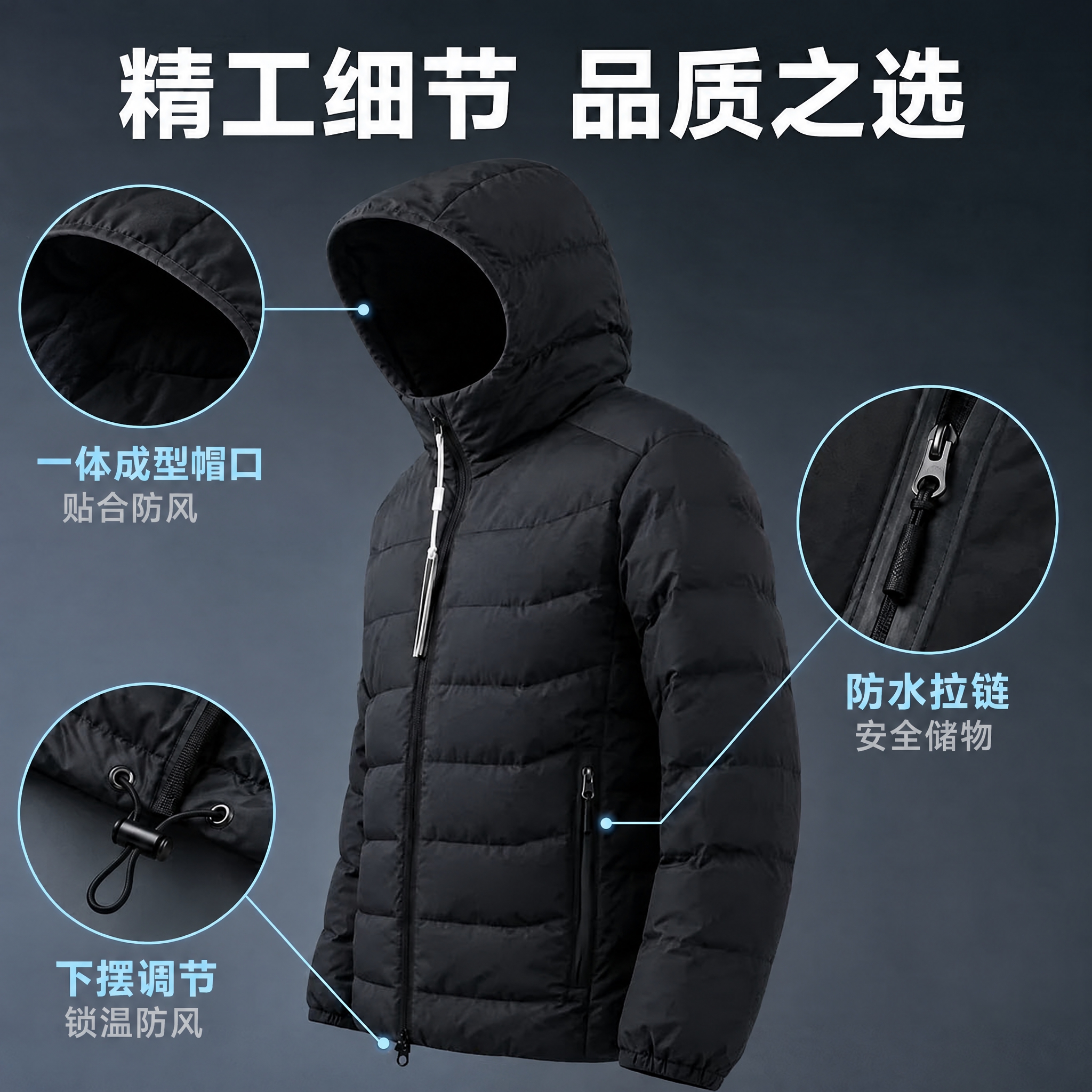 修改羽绒服帽子部分：将连帽抽绳及抽绳孔全部去除，改为一体成型的… - 图片创意预览