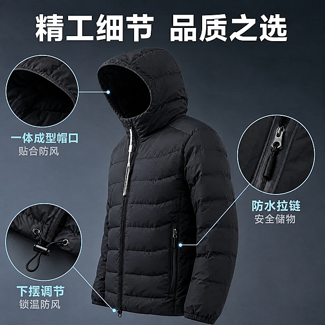 修改羽绒服帽子部分：将连帽抽绳及抽绳孔全部去除，改为一体成型的无缝合连帽设计，帽口边缘平整光滑无抽绳结构。左上角的连帽抽绳细节放大圆框替换为一体成型帽口的细节特写，对应的文字"连帽抽绳 贴合防风"修改为"一体成型帽口 贴合防风"，引线仍连接到帽子部位。其他所有部分保持不变：衣服整体外观、颜色、横向绗缝、中央拉链、两侧拉链口袋、下摆抽绳、右下角防水拉链细节、左下角下摆调节细节、背景深灰渐变、标题"精工细节 品质之选"、整体构图和光影全部保持原样。