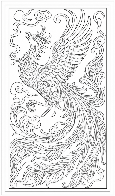 保留凤凰祥云的线条形状轮廓，将背景调整为白色，图案线条和形状改为黑色预览效果
