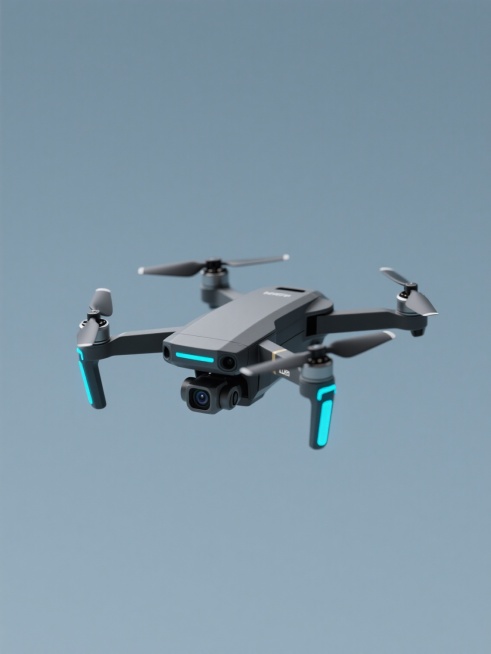 简约现代风格的无人机产品图片，单一无人机元素居中规整排布，机身以深灰黑色为主色调，配备蓝色装饰性灯带，四旋翼结构，底部搭载摄像头，整体造型简洁流畅，具有科技感，纯色背景（与原图背景色一致），无任何文字、logo或水印，突出无人机的形态设计和细节。预览效果