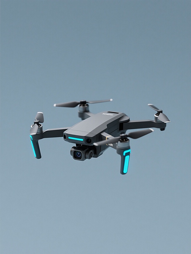 简约现代风格的无人机产品图片，单一无人机元素居中规整排布，机身以深灰黑色为主色调，配备蓝色装饰性灯带，四旋翼结构，底部搭载摄像头，整体造型简洁流畅，具有科技感，纯色背景（与原图背景色一致），无任何文字、logo或水印，突出无人机的形态设计和细节。