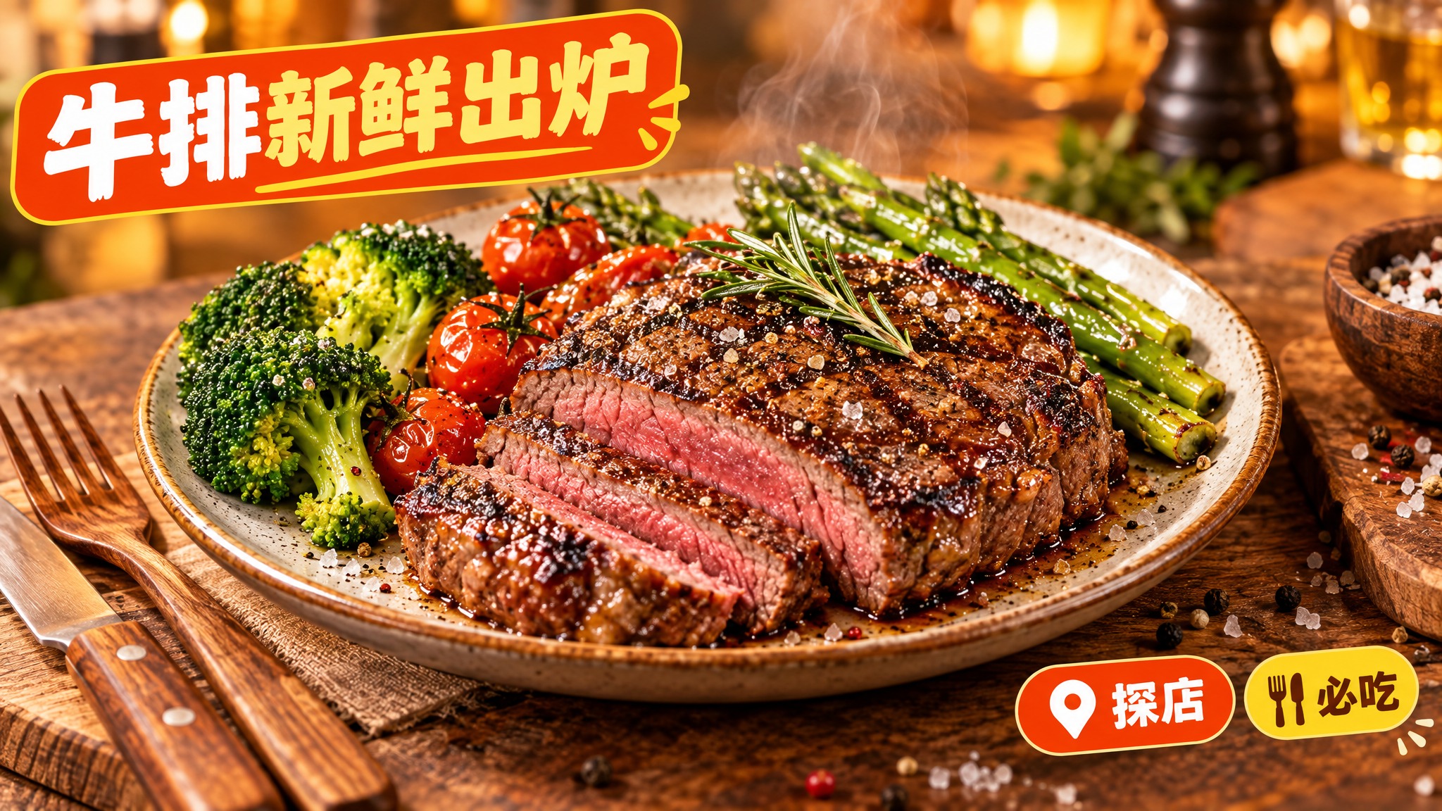 活力美食风格，暖橙色背景，画面中心是一盘色泽诱人的牛排，牛排表… - 图片创意预览