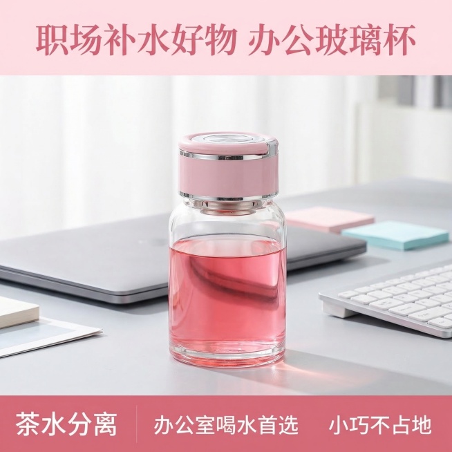 玻璃杯电商主图，首要目标是在搜索结果页中一眼抓住注意力。顶部核心信息区主标题写“职场补水好物 办公玻璃杯”，字体简约干练，粉色系配色。中部商品展示区居中放置上传的这款粉色盖透明玻璃杯，杯内装着粉色饮品预览效果