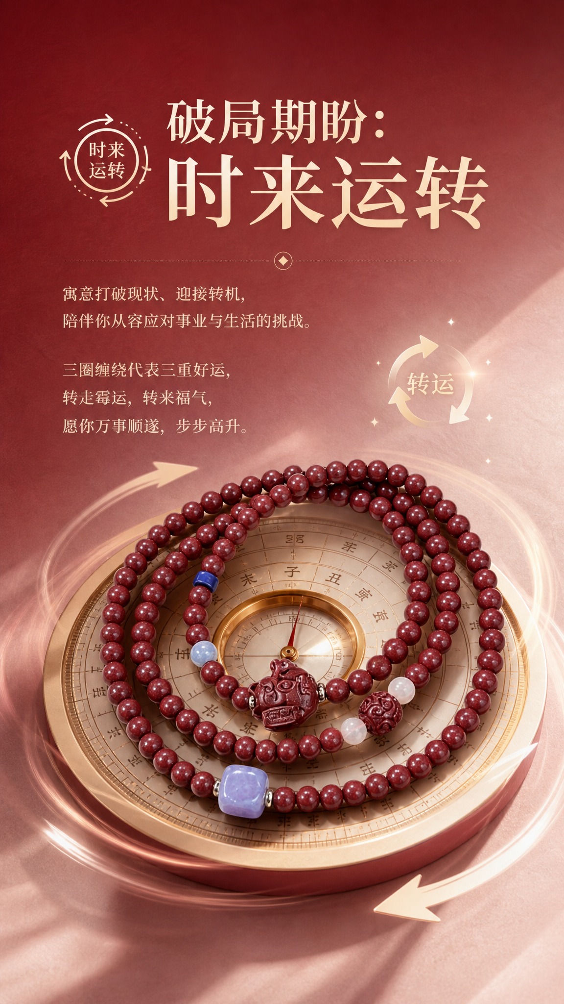 电商详情页卖点图，时来运转寓意卖点，9:16竖版，高级酒红到裸… - 图片创意预览