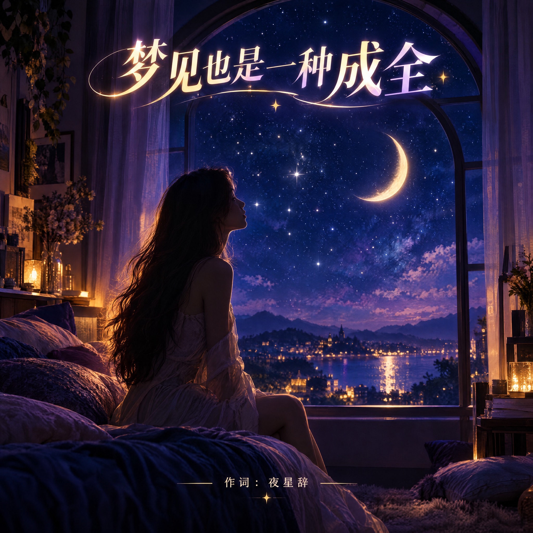 流行歌曲封面，1:1正方形构图。画面主体是一个漂亮的现代女孩坐… - 图片创意预览