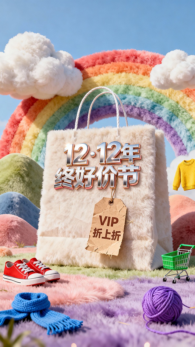 主视觉为一个大型购物袋，购物袋上展示3D文字 “12·12 年终好价节”。购物袋上挂着小字标签“VIP折上折”，背景为高饱和彩虹配色，微缩元素（鞋子、衣服、购物车、围巾、毛线球）装饰。