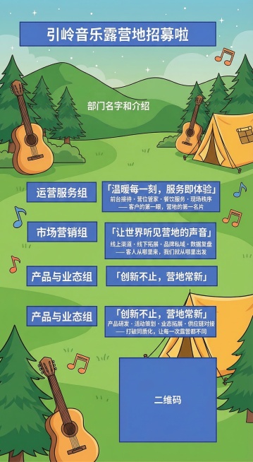 引岭音乐露营地招募海报，按照参考图排版：顶部蓝色矩形栏写标题"引岭音乐露营地招募啦"，中部区域为三个分组信息：运营服务组「温暖每一刻，服务即体验」前台接待 · 营位管家 · 餐饮服务 · 现场秩序——预览效果