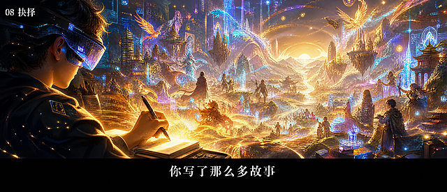 重新设计第二张"你写了那么多故事"，未来科技感风格，但走绚烂梦幻路线：画面是创作者的手戴着AR眼镜，笔下的文字化作璀璨的数字星河，无数故事角色和场景从笔尖涌现，像元宇宙一样的虚拟世界，有流光溢彩的建筑、人物、山川，充满想象力。整体暖金+炫彩色调，绚烂梦幻，充满创造力。底部文字"你写了那么多故事"白色宋体居中，字体大小与参考图一致。2.35:1超宽屏。