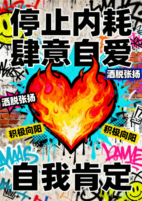 据此生成三份a4大小的心理海报甜酷元气潮玩风 核心具体字眼   爱自己，拒绝内耗，松弛感，自信舒展，自我拥抱，马卡龙渐变，柔焦光晕，潮流涂鸦，爱心星星，治愈甜酷，元气明亮，向阳而生，无焦虑感，潮玩质感预览效果