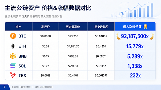 PPT第7页，主题主流公链资产 价格&涨幅数据对比，用表格形式呈现BTC、ETH、BNB、SOL、TRX的发行价、历史高低价、最大涨幅倍数，重点标注涨幅倍数，商务简约风，清晰直观表格排版
