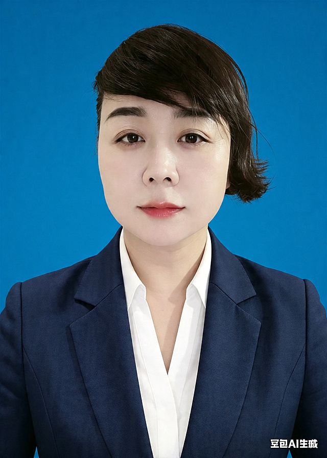 保留第一张图中人物发型､脸型､年龄特征生成标准样式纯正面证件照;人物主体严格居中,头部大小与位置严格对齐第二张图,双肩水平平衡,面部中轴线对齐画面中心,正视前方;标准证件照构图,人物绝对居中;头顶上方距离上边缘高度10%,下巴距离画面下边缘高度30%,人物主体占比约68%;肩部平展与画面水平轴平行;头部占比严格对齐第二张图;提亮肤色,消除暗沉,清透裸妆,隐形毛孔,均匀肤色,唇色自然提亮;肤色白皙细腻,轻透裸妆+微微提亮;底妆轻薄服帖;淡妆:极细内眼线,唇色微微润泽;眼神澄澈,看向镜头,气质自信,嘴角微微上扬表情自然;耳廓可见度一致;肩部平展,肩线与画面水平轴平行;头肩比例协调呈现;免冠,不戴帽子,无头饰,无发带,不戴眼镜,面部无痣,消除面部瑕疵,去除胸前玉坠配饰,去除胸牌装饰;身着修身精纺面料的藏蓝色西装外套,平驳领商务正式;内搭白色翻领衬衫,柔和正面顺光均匀柔光,面部明亮无硬影,背景均匀提亮,画质清晰,零噪点降噪;面部清晰;背景亮度均匀统一;高清锐利画质,细节清晰可见;零噪点处理;色彩还原自然,均匀柔和布光,无明显阴影,面部光影干净,柔光正面打光,自然光影过渡,皮肤质感细腻,哑光质感;标准焦段50mm,纯正面,入境范围头部至胸部以上区域,F/4光圈(兼容F/2.8-F/4区间),平视视角(镜头与人物视线完全齐平),正视视图;人物绝对居中(居中构图),位于画面中心;严格限定标准证件照规格;视线水平(瞳孔连线与画面水平线平行);双耳对称露出,双肩水平且平衡,头部占比严格对齐垫图,禁止大头照(画面铺满画布,无边框留白);专业证件照质感,高清人像质感,细腻皮肤纹理,严格按照第一张图内容生成,分辨率4K;极简纯色蓝色背景,使用标准蓝#438EDB,背景亮度均匀且统一哑光质感;禁止裁切头顶, 禁止额头被截, 禁止超大头, 禁止主体溢出画面, 禁止偏头/倾斜;头顶上边距8-10%, 头部高度60-68%, 双眼高度56-58%, 严格对齐第二张垫图;画面比例5:7
