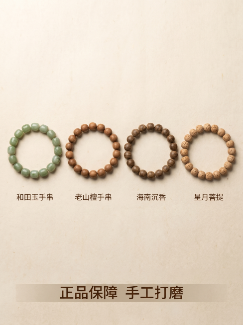 [主图 5] 规格与服务-手串品类多款式展示图。[氛围风格] 简洁整齐陈列，高级中国风，干净通透。[画质] 商业摄影质感、光线均匀清晰，画面干净整洁。[元素] 四款不同配色款式的手串整齐平行排列在浅米预览效果