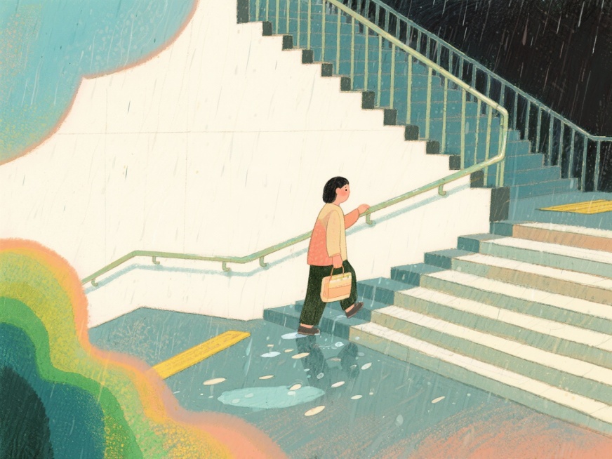 【出行安全】上下台阶扶把手，一步一阶走得稳
上下楼梯或乘坐扶梯时，养成扶扶手的习惯。特别是提着物品或雨天路滑时，这个小动作能大大增加稳定性，避免踏空摔倒。
根据以上内容，生成一个插画，图片不需要文字预览效果