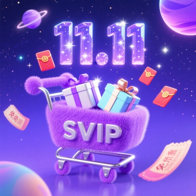 梦幻紫色 “SVIP” 购物车，内装淡紫、银白、浅蓝礼盒（带梦幻星空元素）、“11.11” 水晶质感立体字，周围飞舞着紫色渐变红包、免息优惠券，背景是深邃蓝紫色星空，点缀发光的星球，营造神秘梦幻的双十预览效果