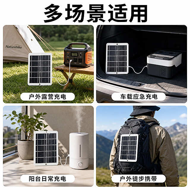 [主图-4] 多场景适用展示，光伏充电应用场景。
[氛围风格] 多场景实用展示，生活化专业感；
[画质] 高清商业摄影，统一光影风格，画面清晰。
[元素] 顶部大标题，下方四宫格展示产品不同使用场景：分别是户外露营充电、车载应急充电、阳台日常充电、户外徒步携带，每个场景都包含本产品，增加光伏板设备，用USB线连接设备与产品，不展示连接处。保持产品外观（物理结构、材质质感、颜色）在每个场景中都与输入产品图绝对一致，杜绝任何变形和色差，精细化处理。整体满版上下结构，信息密度适中，场景清晰可辨。
[光影] 每个场景光影匹配环境氛围，自然真实，产品光线统一清晰。
[配色] 整体风格统一，场景自然配色，产品突出。
[文字版式] 顶部大字标题写"多场景适用"，黑色粗体；每个宫格下方标注场景名称，字体清晰不遮挡产品。
[比例分辨率] 1:1 比例，2048x2048 分辨率，文字清晰可辨，超高清。
[负向提示词] 变形，水印，文字错乱，产品图模糊，背景杂乱，展示USB连接处，改变产品细节，遮挡产品主体