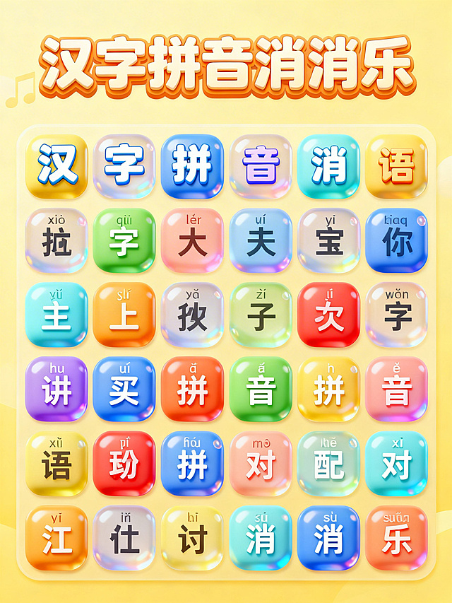 游戏网页，浅黄色网页背景，顶部是大标题"汉字拼音消消乐"，页面中间是48个3D立体方形泡泡，大小均等，颜色随机生成，泡泡足够大，每个泡泡上有加大加粗的中文或者带声调的拼音，泡泡之间有间距，横向6个泡泡，纵向8个泡泡，小学1-6年级拼音词语配对消消乐游戏界面设计，每个泡泡对应匹配的汉字或拼音