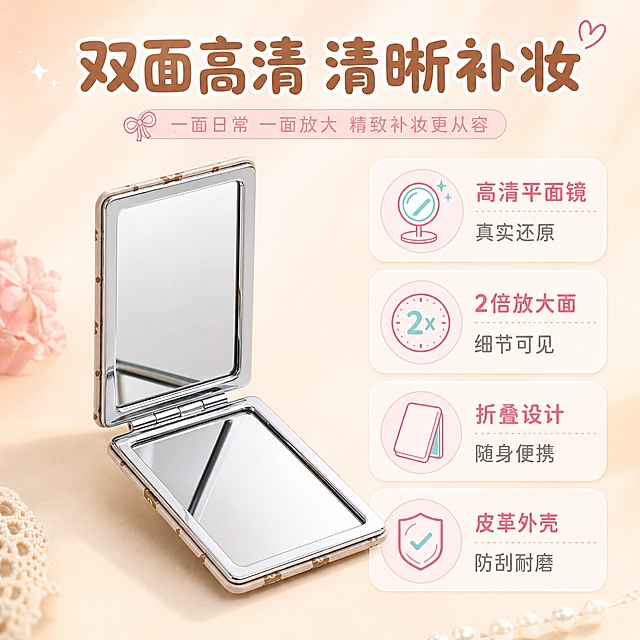 [主图-2] 核心卖点展示图，突出双面高清镜面与折叠便携设计。
[统一基调] 淘宝/天猫风格，清新甜美少女心，浅粉米色渐变背景，主标题字色为暖棕色，辅助字色为浅粉色，强调色为蜜桃粉，字体为圆润可爱无衬线体，字号层级分明，卡片用圆角柔边样式，整体干净通透有品质感。
[画面] 画面左侧展示一个打开状态的折叠化妆镜（浅卡其小熊款），呈45度角倾斜摆放，清晰展示双面镜面结构——一面是正常高清镜面，另一面是放大镜面，金属铰链结构清晰可见，产品占画面约50%。右侧为信息区，用四个圆角卡片竖向排列展示核心卖点。背景为柔和浅米色，底部有淡淡的桌面投影，产品自然放置不悬浮。产品外观、颜色、图案、皮革纹理与输入图完全一致。
[光影质感] 商业摄影质感，柔和侧光照明，镜面有清晰反光效果，皮革纹理细腻，金属包边和铰链有高光，产品底部有柔和接触阴影，整体立体感强。
[配色] 背景主色为浅米色，标题字暖棕色，辅助文字深灰色，卖点图标用蜜桃粉和薄荷蓝点缀，产品保持原有颜色。
[文字版式] 顶部主标题："双面高清 清晰补妆"，字体圆润粗体。下方四个圆角卖点卡片：1. "高清平面镜 真实还原" 2. "2倍放大面 细节可见" 3. "折叠设计 随身便携" 4. "皮革外壳 防刮耐磨"。每个卡片左侧配小图标，右侧配文字说明。文字排版整齐，字号层级清晰，不遮挡产品。
[输出要求] 1:1正方形比例，2048*2048像素，文字清晰可读，产品清晰锐利，无变形、错字、模糊、杂乱、水印、平台Logo。禁止出现极限词、违禁词。