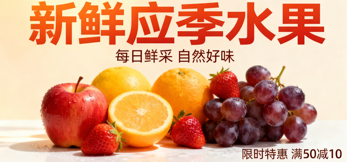 在此新鲜水果海报基础上，缩小主标题"新鲜应季水果"的尺寸，保留其他文案"每日鲜采 自然好味"预览效果