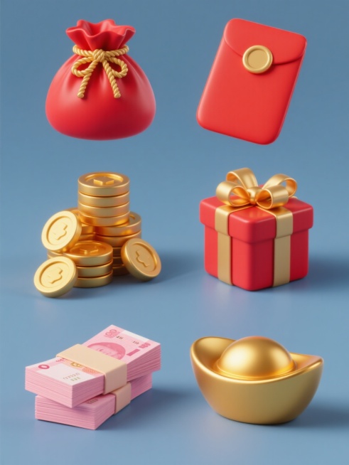3D喜庆风格，六个素材规整排布，简约现代造型，纯色背景，无任何文字、logo及水印。包含红色福袋（带有金色绳结和立体褶皱）、红色红包（边角圆润）、一堆金黄色金币（有高光和阴影细节，堆叠感自然）、红色礼盒（带金色蝴蝶结，盒面光滑）、一沓粉色钞票（整齐叠放，边缘清晰）、金黄色元宝（底部平整，顶部圆润有弧度）。整体色彩以红色和金色为主色调，色彩和谐喜庆，光影表现为柔和的顶部光源，物体表面有细腻高光和……预览效果