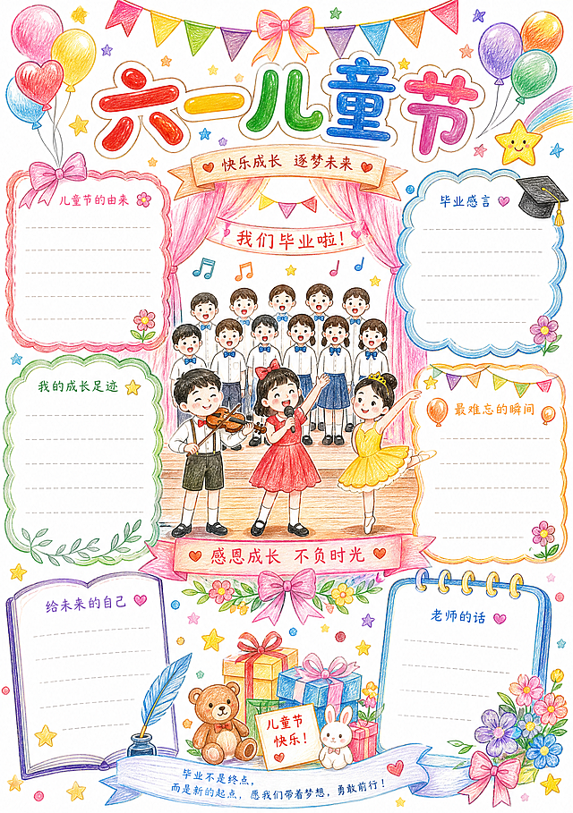 六年级毕业成长纪念册手抄报，主题为"六一儿童节"，彩铅手绘风格，白底，包含文艺表演、合唱、儿童节礼物元素，欢快节日主题手抄报设计，尺寸210*297mm