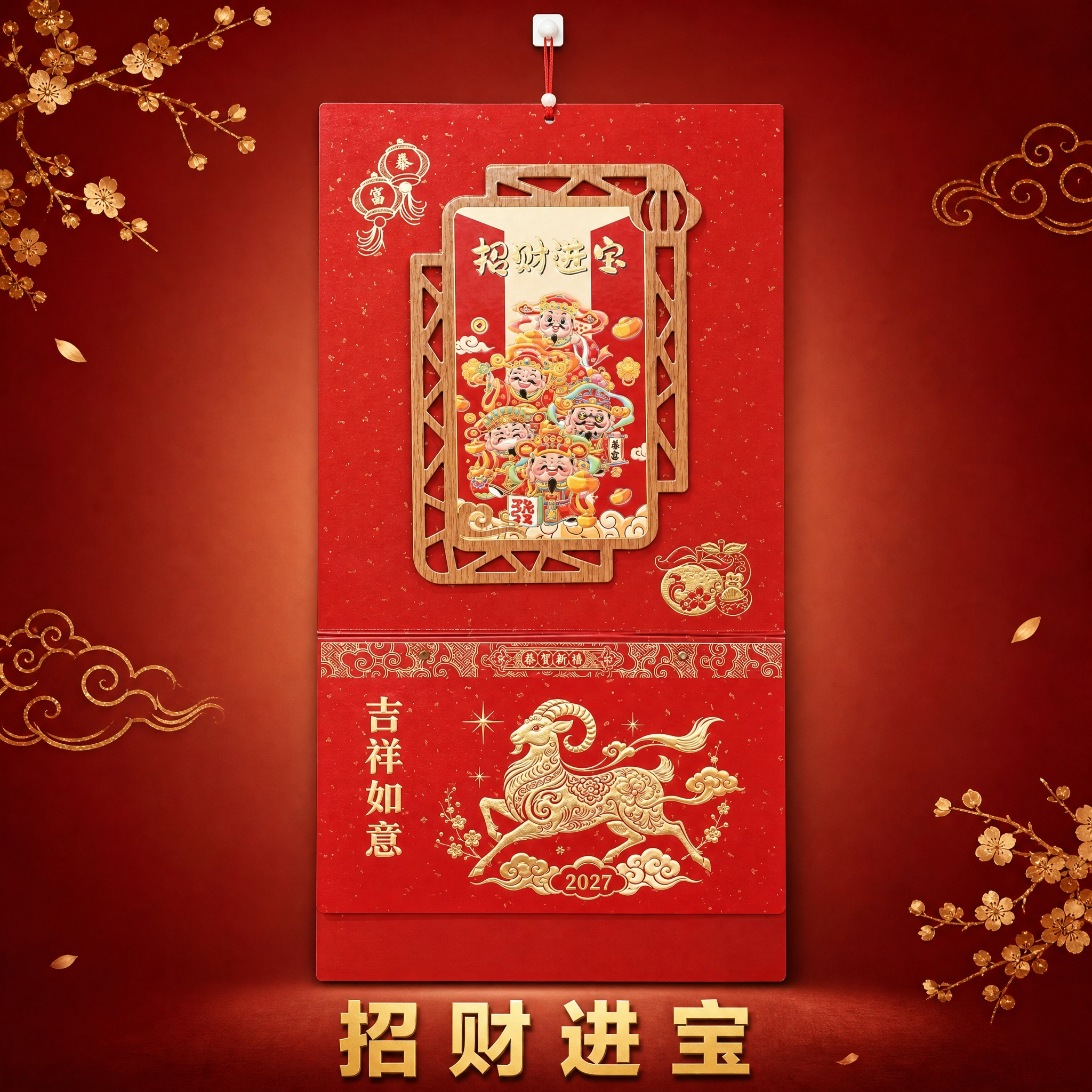 招财进宝款2027羊年中国红烫金挂历 SKU单品图。 [统一基… - 图片创意预览