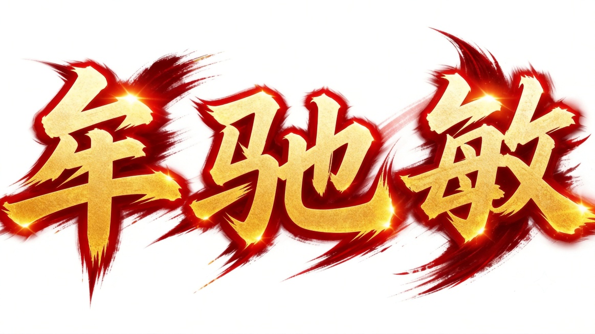 参考原图风格，修改文字为"牟驰敏"，书法毛笔字体，金色烫金字体搭配红色毛笔笔触拖尾，红色渐变笔触装饰，干净纯白色背景，文字整体单行横向排列，带有光泽高光效果，气势磅礴，画面中只能出现这三个字："牟"、预览效果
