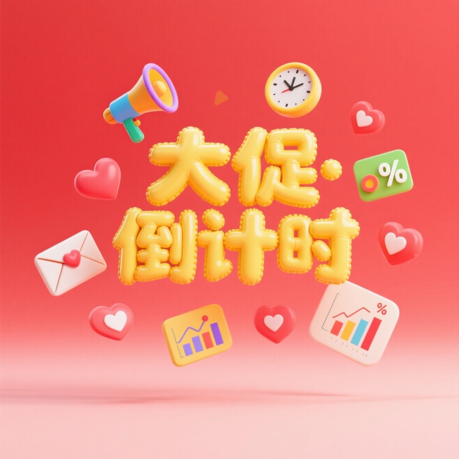 一个黄色膨胀字“大促·倒计时”，漂浮着喇叭、时钟、信封、爱心、数据图表、折扣标识等彩色装饰元素，周围小元素呈径向分布，前景干净，背景为渐变红色预览效果