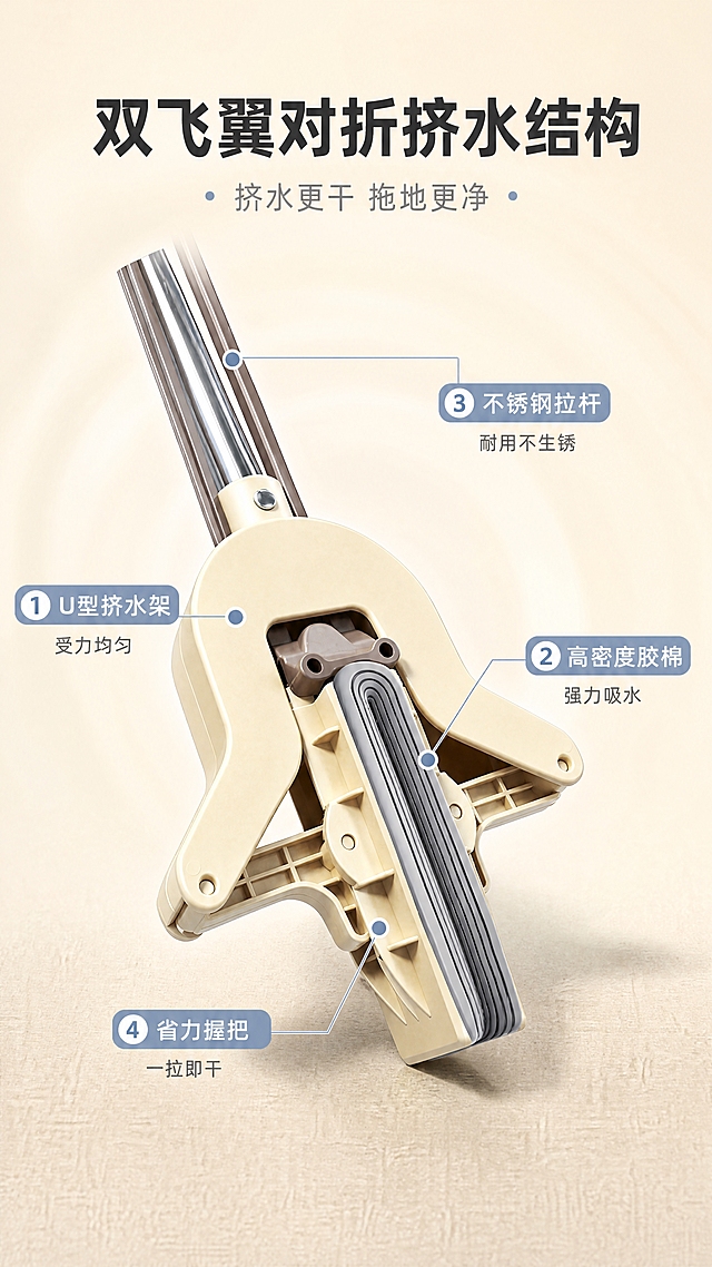 [商品] 使用【图2】对折式胶棉拖把挤水状态视角；保留米黄色塑料挤水架对折结构、银灰色胶棉头被挤压状态、不锈钢拉杆、灰色挤水连杆的结构细节和颜色；展示挤水时的对折状态。
[画面] 目标：结构解析页，讲清双飞翼对折挤水原理。构图：中心产品+四周引线标注，产品斜向摆放。主体位置：画面中央偏上。主体占比约55%。景别：中景偏特写。阅读动线：从顶部标题向下，沿引线阅读各部位说明。前中后景：前景为浅米杏渐变底+细腻纹理，中景为拖把挤水状态主体，后景为浅米色柔和光晕背景。场景：结构展示型页面。
[视觉] 套系策略：风格=清新简约家居商业摄影；标题字=现代无衬线粗黑体；正文字=简洁无衬线体；主色=浅米杏；背景延展=基于浅米杏做深浅层级、同色渐变和细腻哑光质感；强调色=浅蓝灰，仅用于小面积图标、引线和标签；标题色=深炭灰；正文色=中暖灰；组件=细线引线+圆点标注、圆角小标签；光影=左前侧柔光，突出挤水结构立体感。
[文字] 顶部主标题"双飞翼对折挤水结构"，副标题"挤水更干 拖地更净"；从产品引出4条细线标注：①"U型挤水架 受力均匀"、②"高密度胶棉 强力吸水"、③"不锈钢拉杆 耐用不生锈"、④"省力握把 一拉即干"；文字沿引线横向排列，不遮挡产品核心结构。
[规格] 图片比例9:16竖版，4K，避免变形、错字、文字过小、冷蓝/蓝灰背景、产品颜色改变、结构失真、极限词。