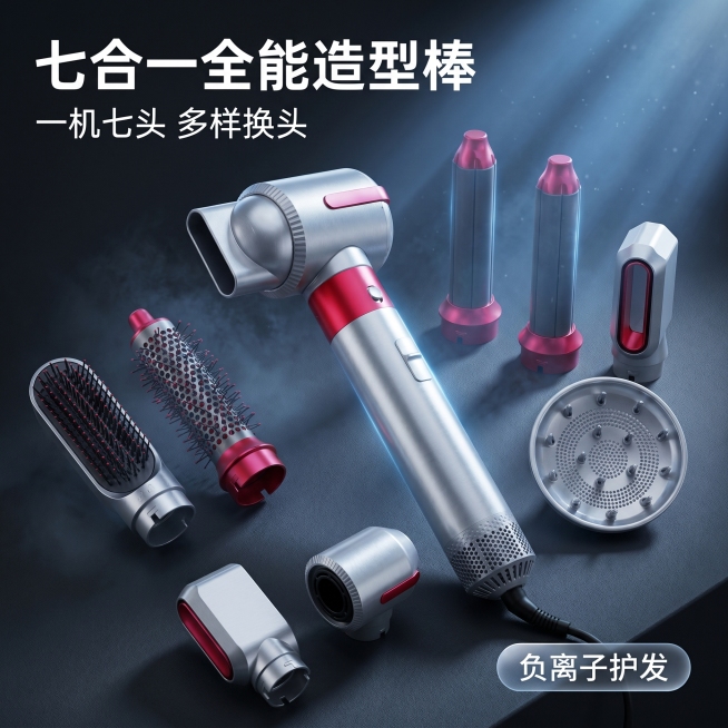 [主图 1] 七合一卷发热风直发棒产品首图。
[氛围风格] 未来科技风，科技冷感，理性高级。
[画质] 商业C4D渲染质感，Octane物理级超写实渲染，光线通透，产品清晰真实，画面干净高级。
[元素预览效果