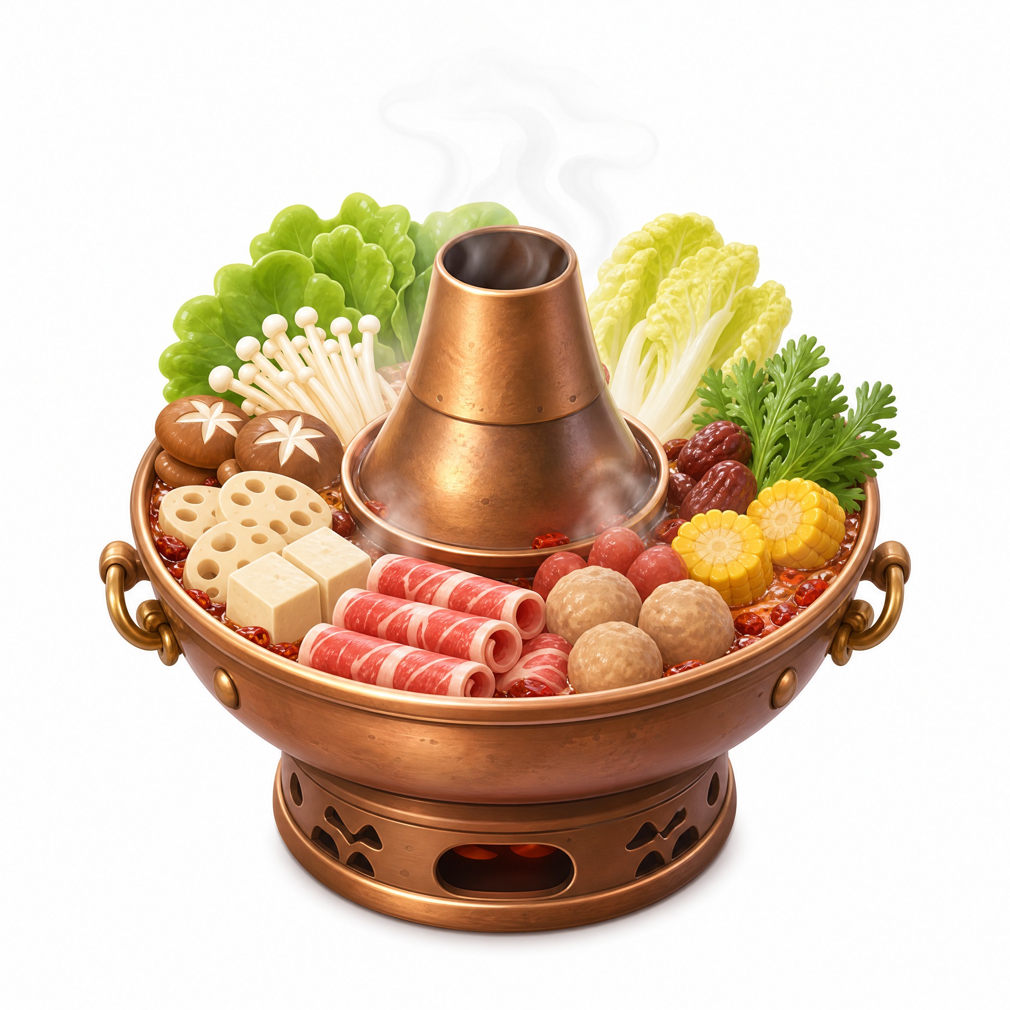 3D卡通风格的火锅图标，一个铜制老式火锅，中间有烟囱，周围有食… - 图片创意预览