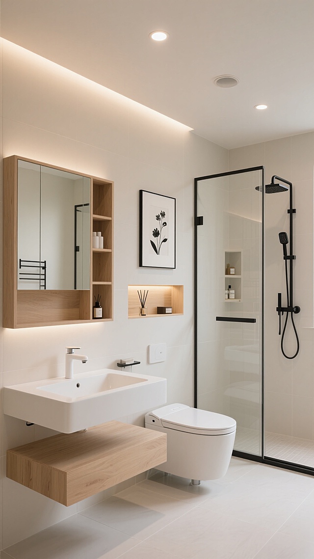 极简主义风格的卫生间室内设计，整体采用米白色与浅木色的柔和配色方案，温暖的嵌入式灯带与顶部筒灯提供均匀柔和的照明，营造明亮通透的氛围。墙面和地面铺设大块浅色哑光瓷砖，线条简洁流畅。不同场景下的卫生间摆设：有的配备悬挂式白色洗手台，台面整洁，搭配简约白色水龙头，上方是带储物功能的镜柜，旁边装有黑色金属毛巾架；有的设置独立玻璃淋浴房，内部有壁龛收纳洗浴用品，黑色淋浴喷头与五金件形成精致对比；有的墙面悬挂线条简约的黑白花卉装饰画，下方嵌入木质灯带壁龛，摆放香薰和装饰摆件；有的空间内放置智能马桶，旁边设有带木质搁板的收纳区。整体设计注重功能性与美学的平衡，空间布局合理，细节处理精致，呈现出现代、干净、舒适的卫生间环境。