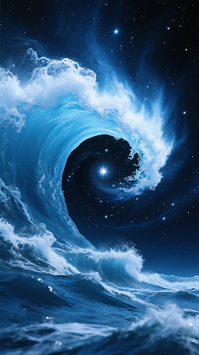 深蓝色宇宙背景中，巨大的浪花形态星云以螺旋状旋转，浪花边缘呈现出明亮的蓝白色光芒，内部是深邃的黑色漩涡，中心有一颗耀眼的恒星，周围点缀着无数闪烁的星星，浪花的纹理清晰可见，如同被强风吹拂的海面波涛，整体呈现出神秘而壮丽的宇宙景象，光影对比强烈，具有极强的视觉冲击力和空间感。