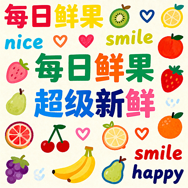 米白色背景，满版构图，彩色大字"每日鲜果 超级新鲜"填满整个画面，随机添加水果、爱心的小涂鸦，还有英文单词nice、smile、happy，元素以自由随机且和谐的方式排列，整体是欢快活泼的夏日多巴胺氛围，色彩鲜艳明快