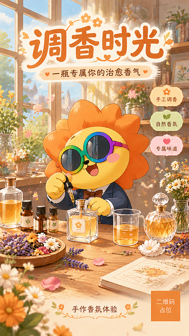 将画面整体优化为宫崎骏动画风格，温暖治愈的手绘动画质感，柔和的光影与细腻的笔触，色彩温暖明亮，充满童话气息。主角橙色太阳花造型卡通IP角色（黄色圆脸、橙色花瓣状头鬃、戴彩虹色圆框墨镜、粉色腮红）穿上精致的西装商务装，正式又可爱，保持角色正在调香的动作和愉悦表情。保留原海报的整体构图、调香桌面场景、香水瓶精油瓶干花等道具、窗户阳光背景，保留所有文字内容与排版：主标题"调香时光"、副标题"一瓶专属你的治愈香气"、三个卖点标签"手工调香""自然香氛""专属味道"、底部"手作香氛体验"和二维码占位。整体画面呈现宫崎骏动画电影般的温暖治愈画风，角色形象清晰完整，文字清晰可读。